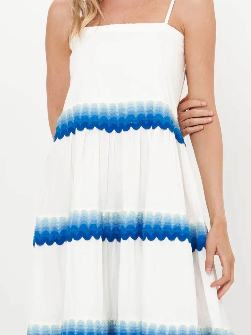 Oliphant White Cotton Maxi Dress with Blue Ric Rac Trim, Size Medium - Picture 9 of 10